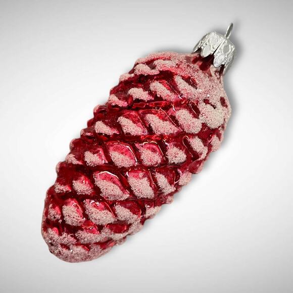 Vintage West Germany Red Glass Pinecone Christmas Ornament – Frosted Snow Finish - Picture 1 of 3